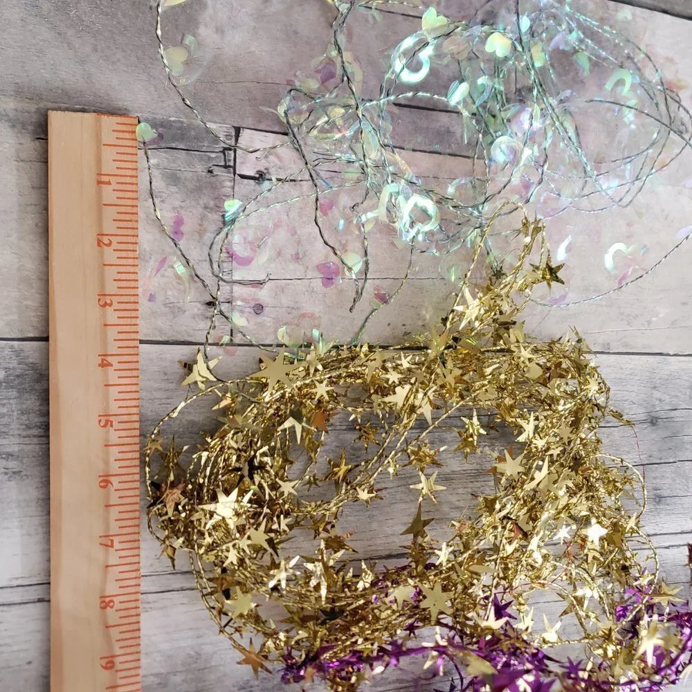 Wired Star (in gold and purple) and Heart (iridescent white) Garland